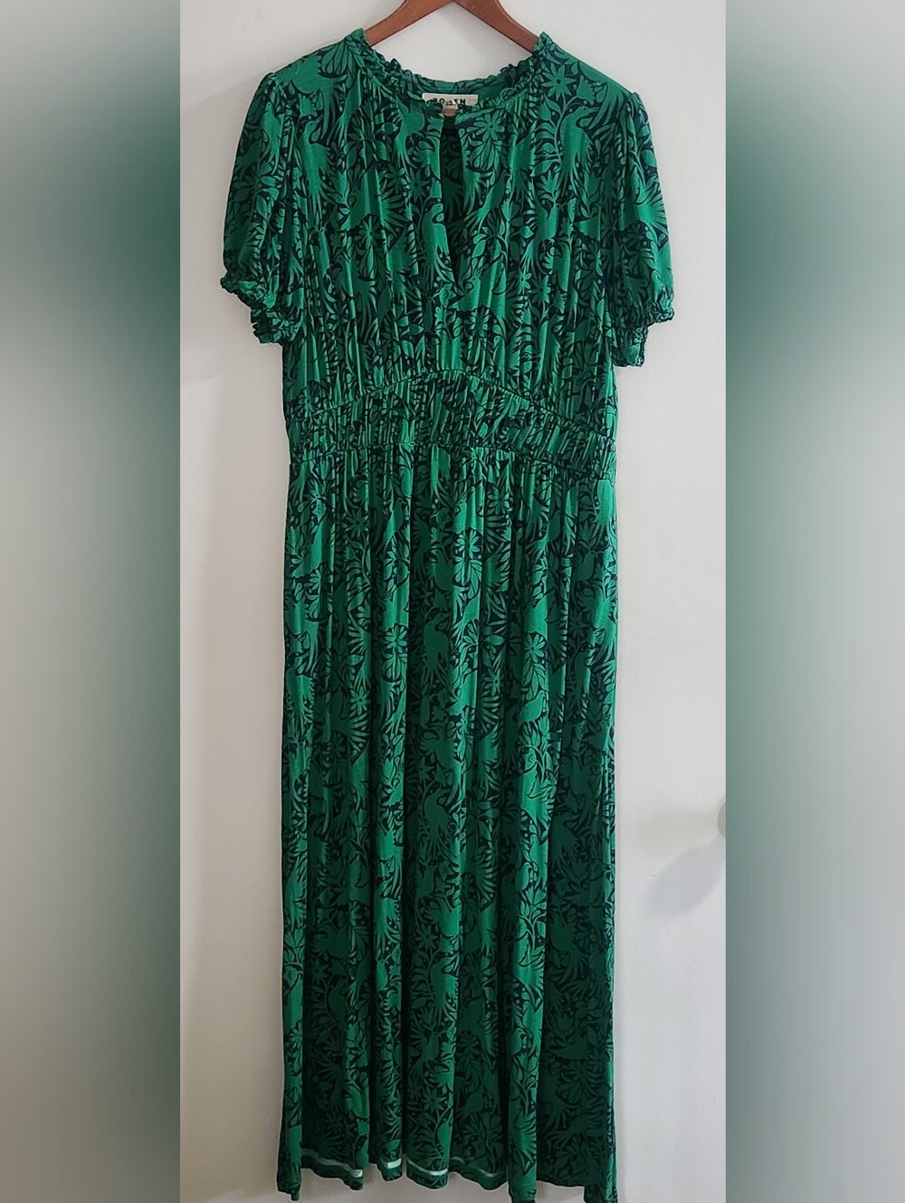 Boden Green Navy Blue Floral Jersey Midi Dress Short Sleeve Empire Waist US 10 - Picture 2 of 11
